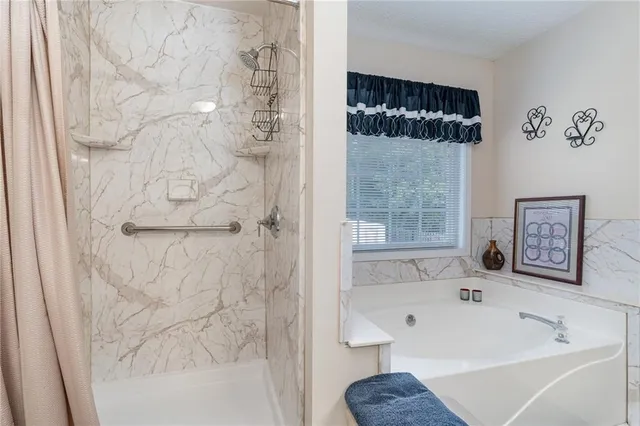 a bathroom with a bathtub and shower