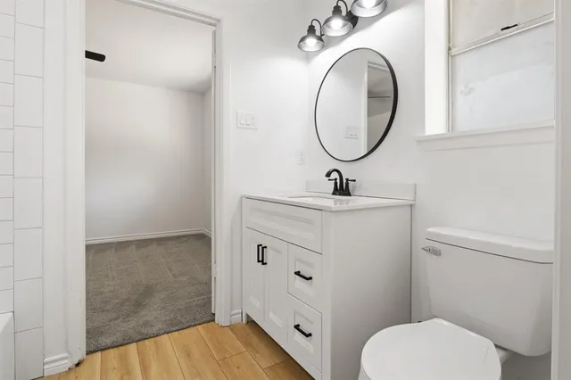 a bathroom with a sink a toilet and a mirror