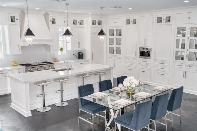 a view of a dining room with furniture
