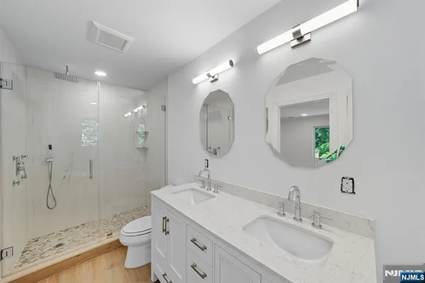 a bathroom with a toilet a sink a mirror a shower a vanity and window
