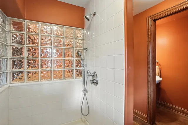 a view of a porch with a glass door