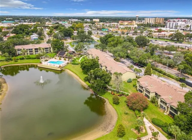 a view of a lake with a city