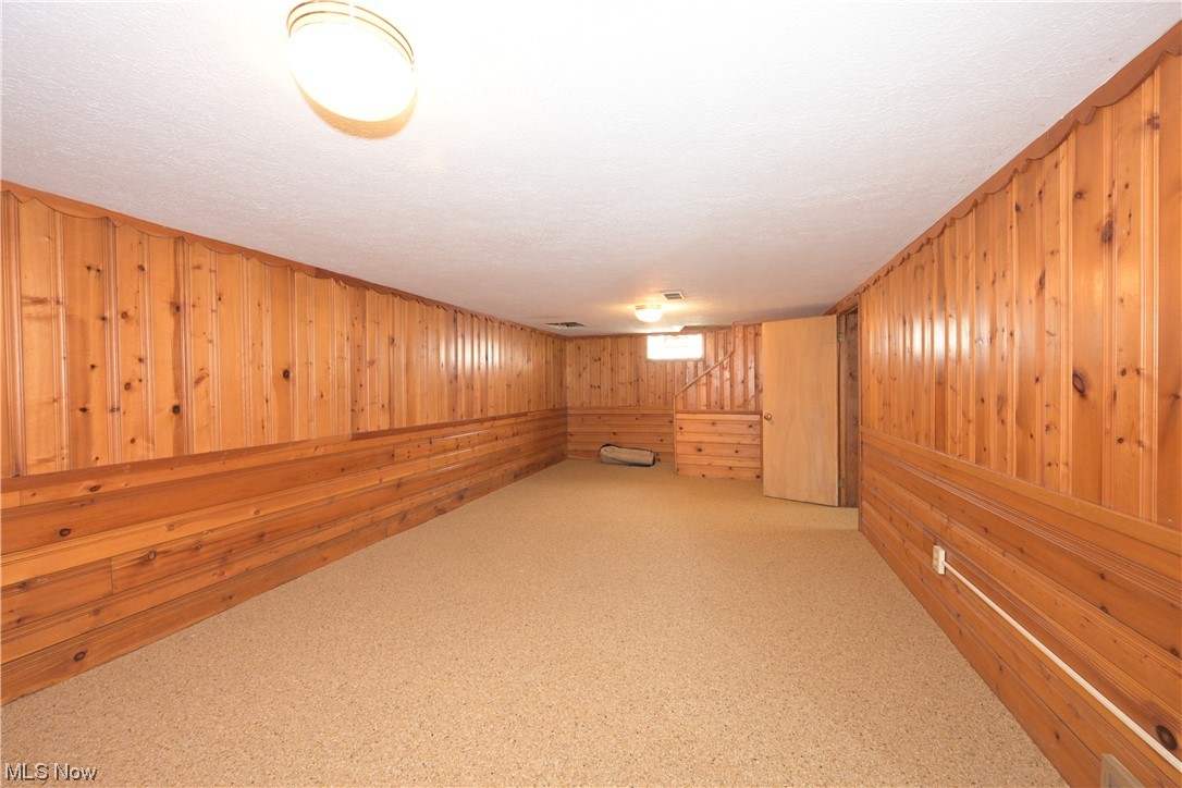 3798 Hillbrook Road Cleveland, OH 44118 - Photo 32 of 34 Basement featuring wooden walls, light colored carpet, and a textured ceiling