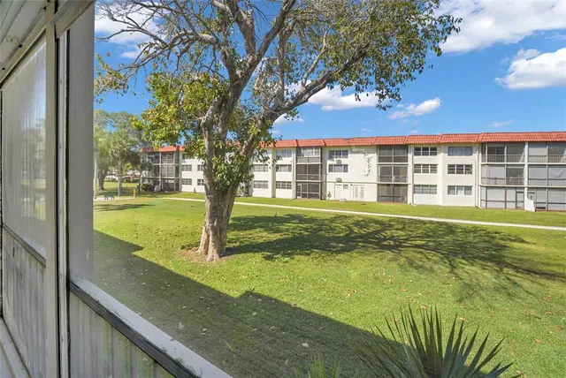 a view of an apartment with a large tree