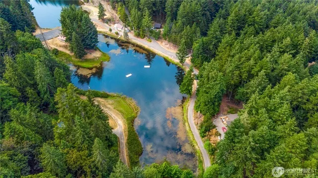 an aerial view of a house with a yard and swimming pool
