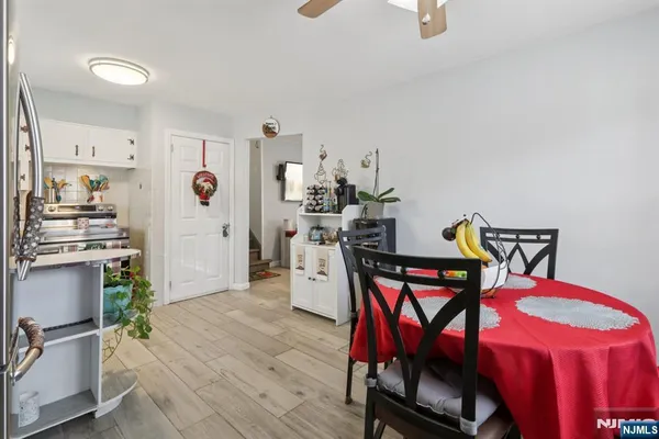 a view of a dining room with furniture