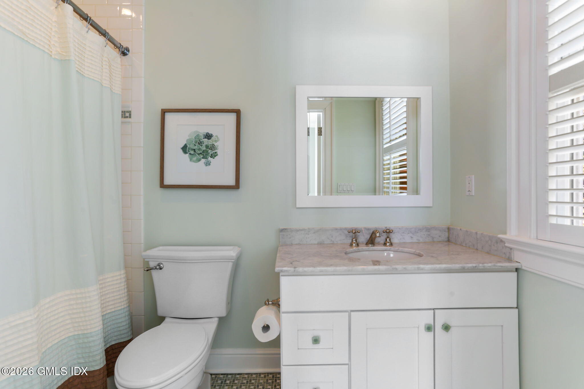 1 Bramble Lane Riverside, CT 06878 - Photo 26 of 42 a bathroom with a granite countertop toilet sink and mirror