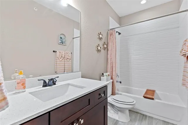 a bathroom with a sink a toilet and shower curtain