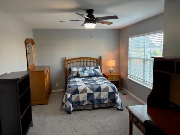 a bedroom with a bed and a television
