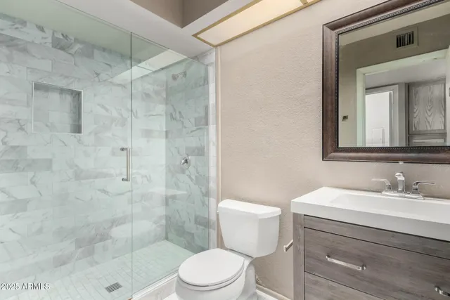 a bathroom with a sink a toilet and shower