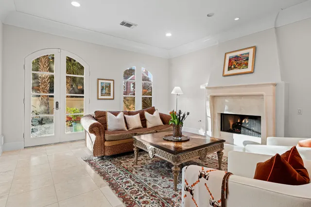 a living room with furniture potted plant and a fireplace