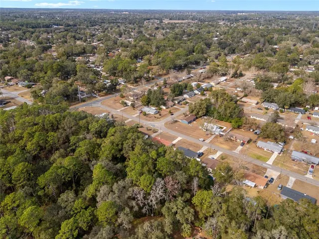 an aerial view of residential houses with outdoor space and trees