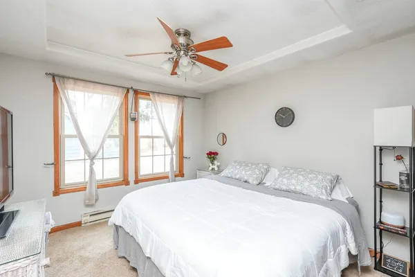 a stairs and a bed in a room
