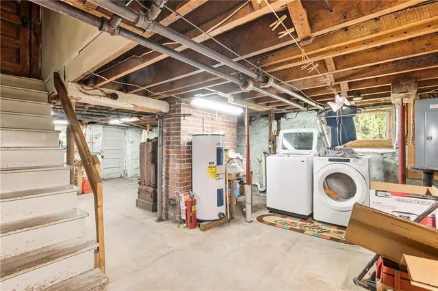a view of a garage with wooden shelves