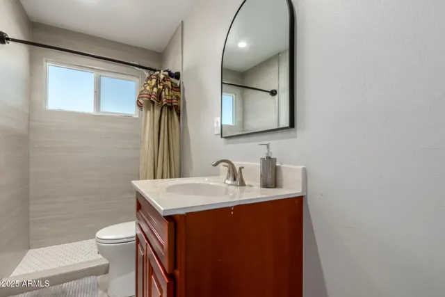 a bathroom with a toilet a sink and mirror