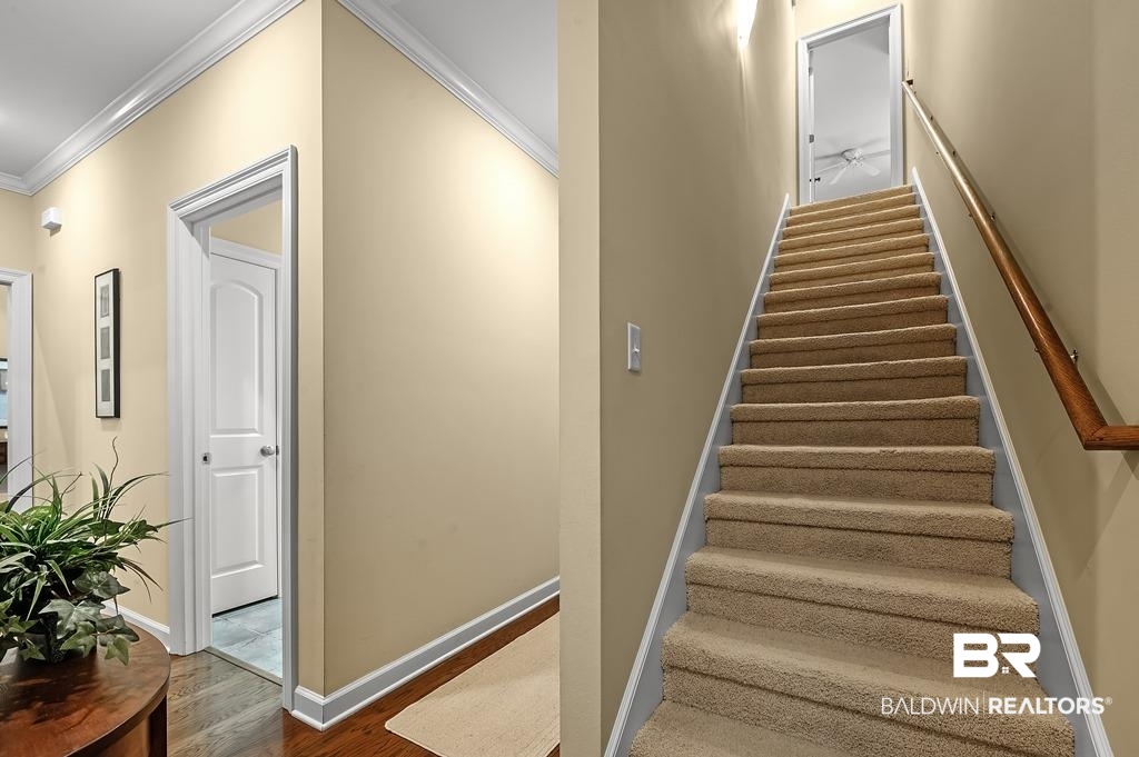 29976 Dolive Ridge Daphne, AL 36527 - Photo 46 of 58 Stairway featuring wood-type flooring and crown molding