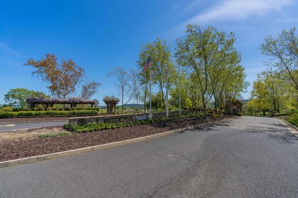 a view of a yard with a house in the background