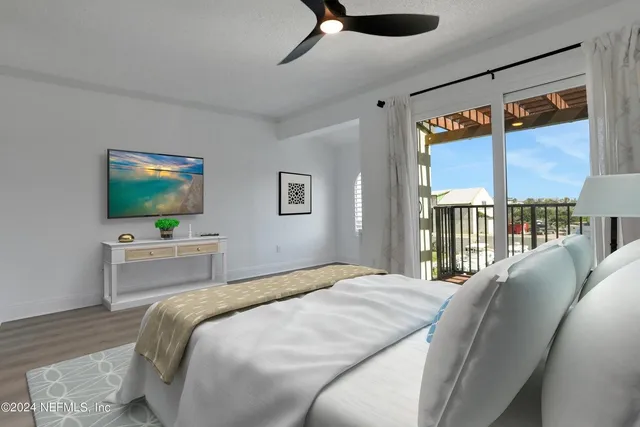 a bedroom with a large bed and a flat screen tv