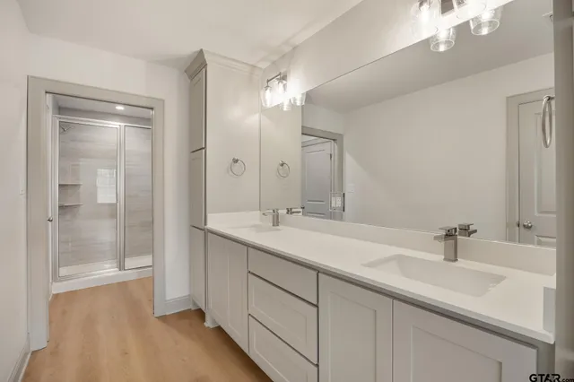 a bathroom with a double vanity sink mirror and shower