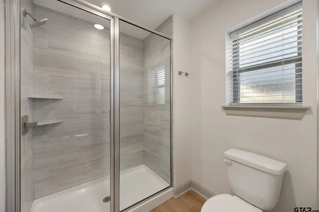 a bathroom with a shower and toilet