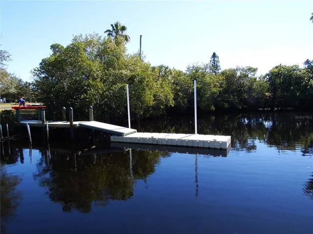 a view of a swimming pool and trees in the background