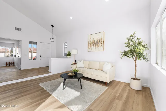 a living room with furniture and a potted plant
