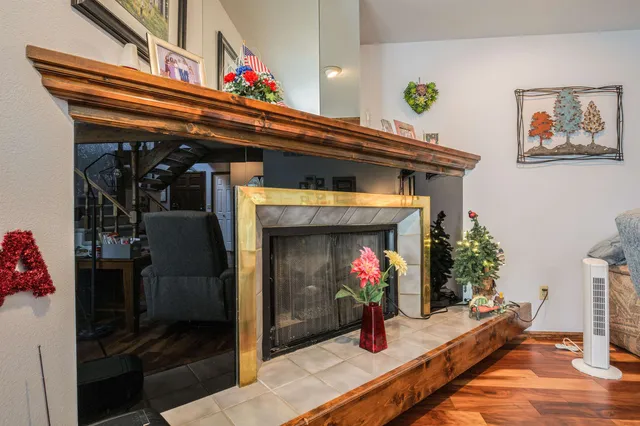 a view of living room with furniture and a fireplace