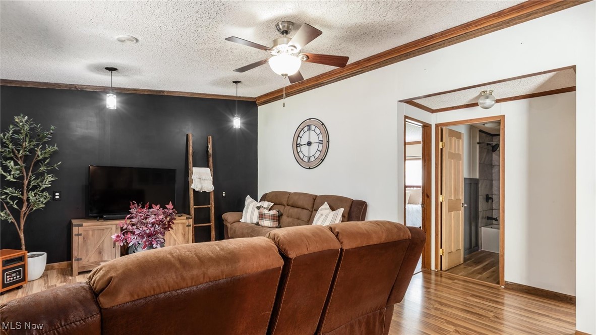 13306 Fairview Road Southeast Newark, OH 43056 - Photo 20 of 48 Living area featuring ornamental molding, a textured ceiling, wood finished floors, and ceiling fan