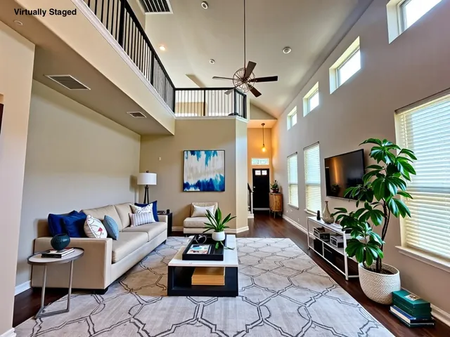a view of an empty room with wooden floor and windows