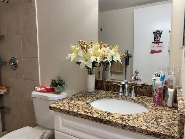 a bathroom with a granite countertop sink a mirror and vanity