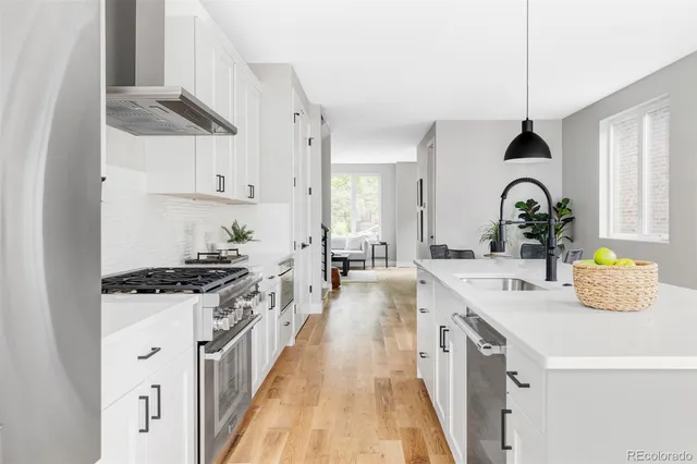 a kitchen with kitchen island a sink stove and wooden floor