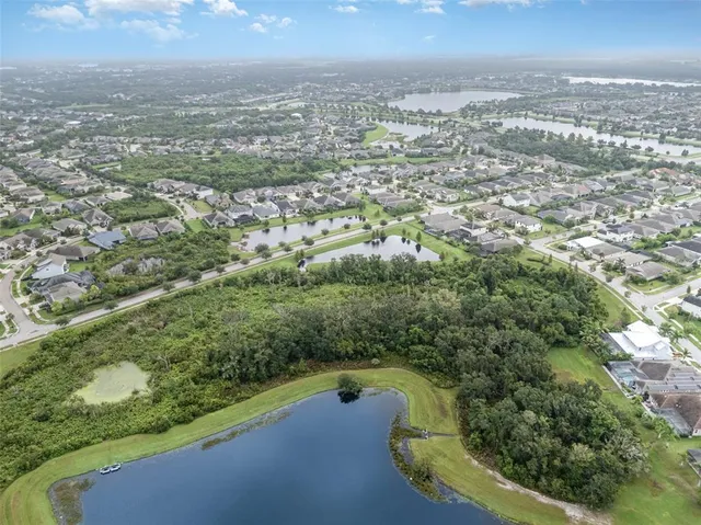 an aerial view of residential houses with outdoor space and trees