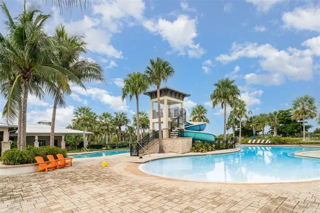 a view of a swimming pool with a patio