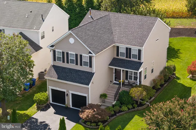 a aerial view of a house with a yard and potted plants