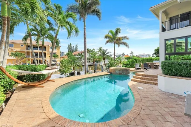 a view of a swimming pool with a garden