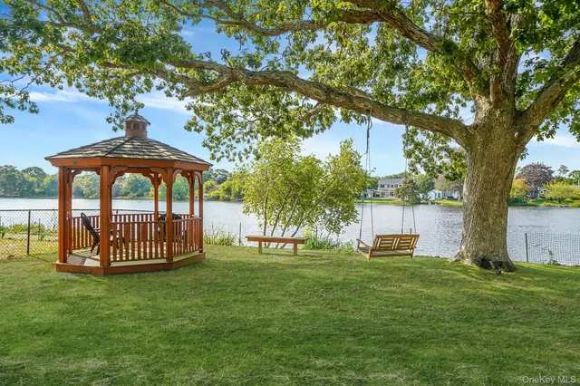 a view of a garden with a bench and trees