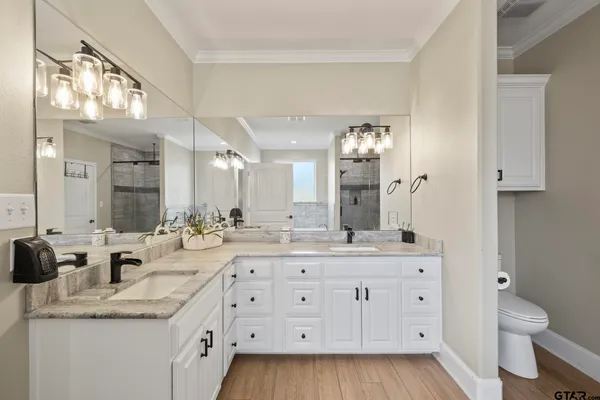 a bathroom with a granite countertop sink mirror and toilet