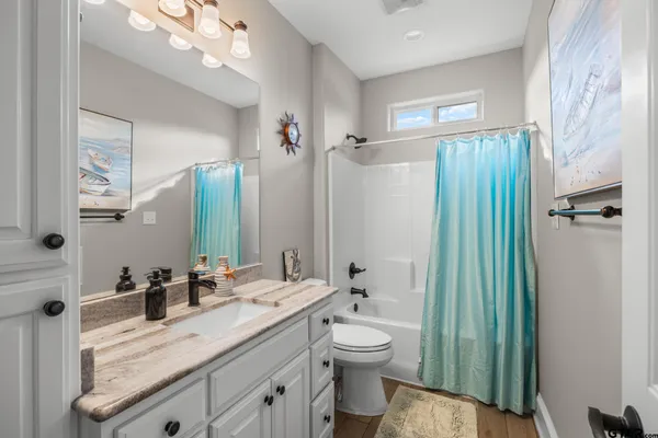 a bathroom with a double vanity sink mirror and toilet