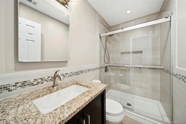 a bathroom with a granite countertop sink a toilet and shower