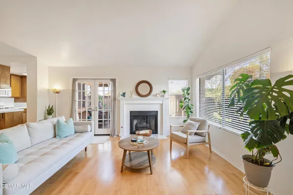 a living room with furniture fireplace and potted plants