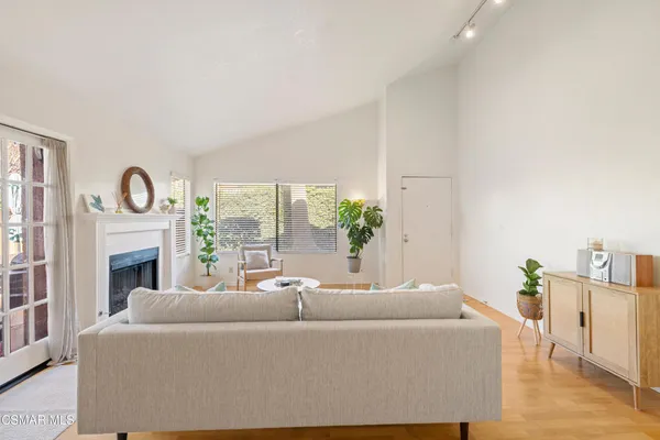 a living room with furniture a fireplace and a potted plant