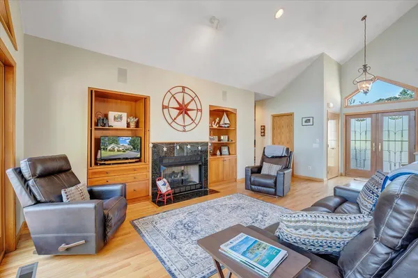 a view of a dining room with furniture