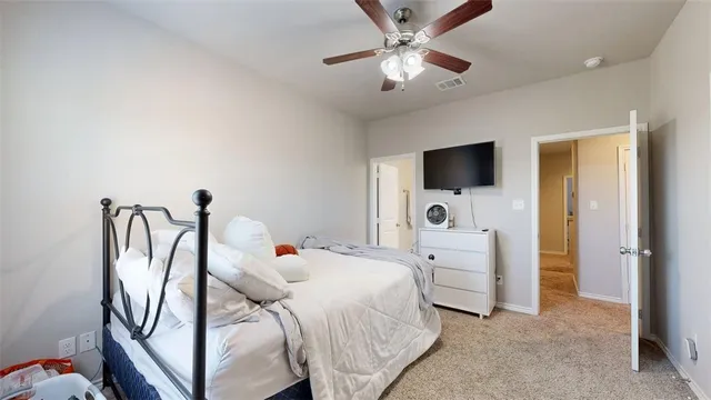 a bedroom with a bed a flat screen tv and a couch