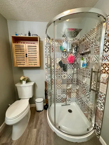 a bathroom with a toilet and a shower
