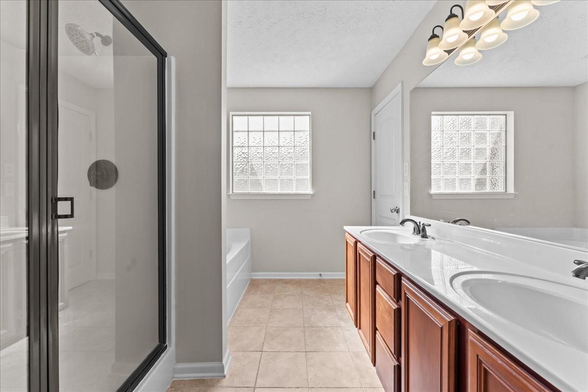 905 Thunder Gulch Way Murfreesboro, TN 37128 - Photo 22 of 27 a bathroom with a double vanity sink a mirror and a bathtub