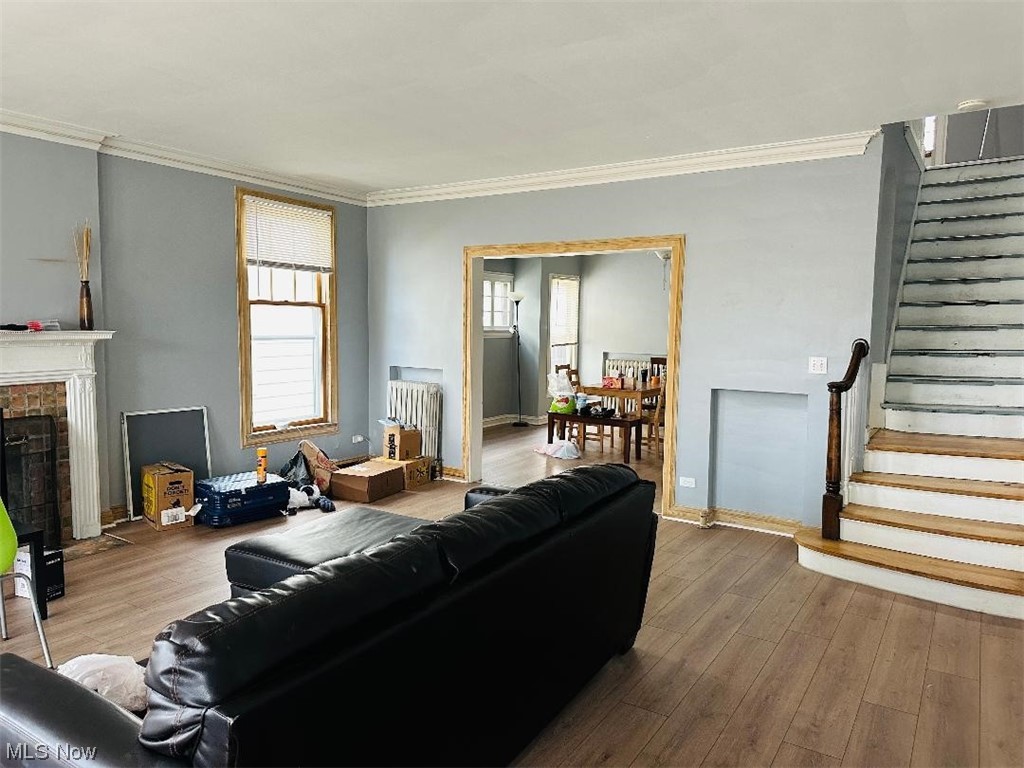 Living room with radiator, crown molding, and hardwood / wood-style flooring