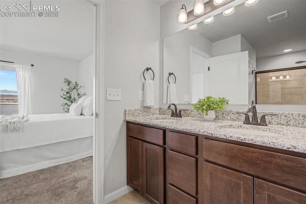 4467 Hessite Loop Colorado Springs, CO 80938 - Photo 21 of 37 a bathroom with a granite countertop sink and a mirror