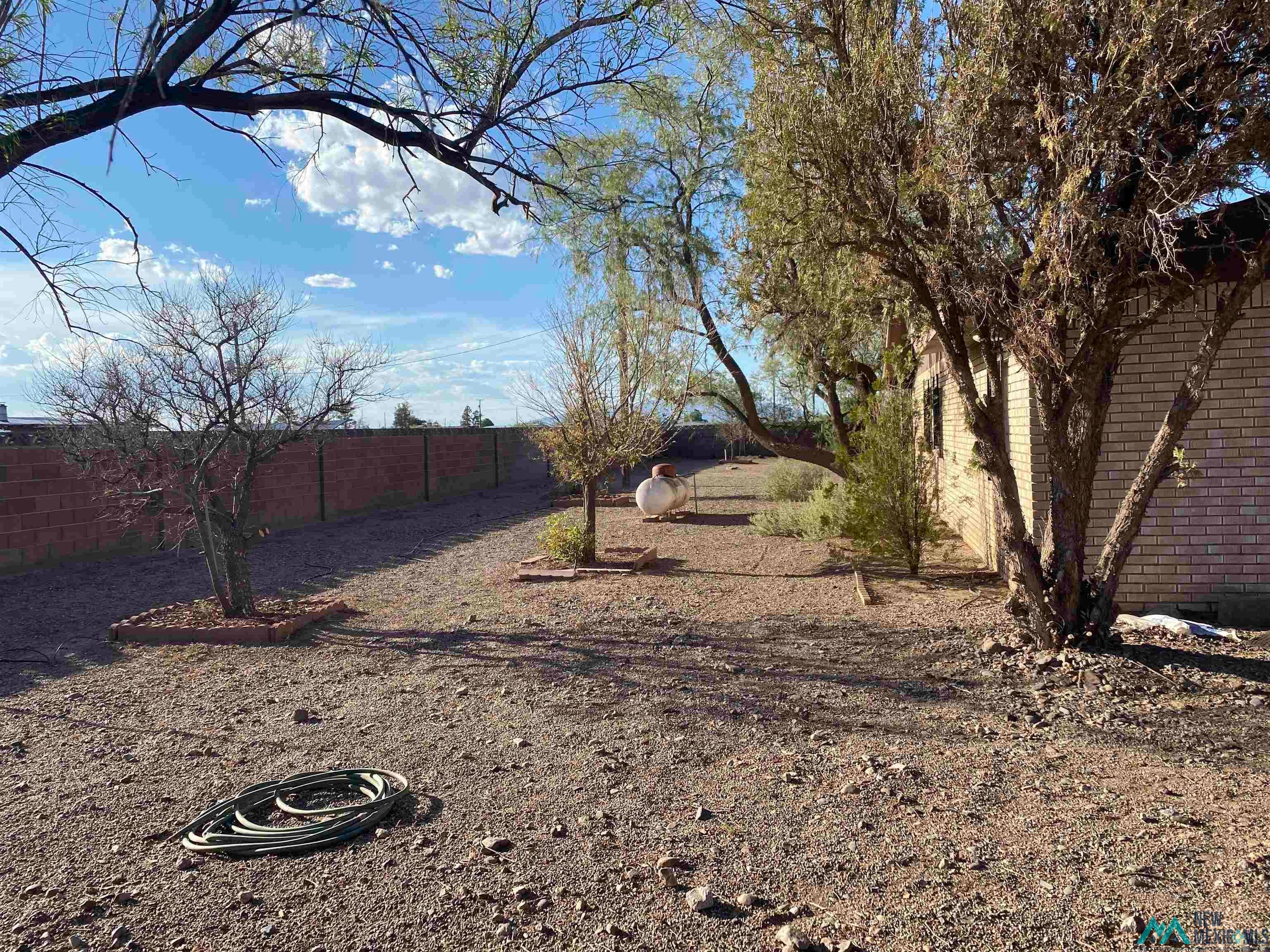 5985 Charolais Road Deming, NM 88030 - Photo 7 of 22 Expansive gravel yard featuring a brick perimeter wall, mature trees, and a brick-sided structure