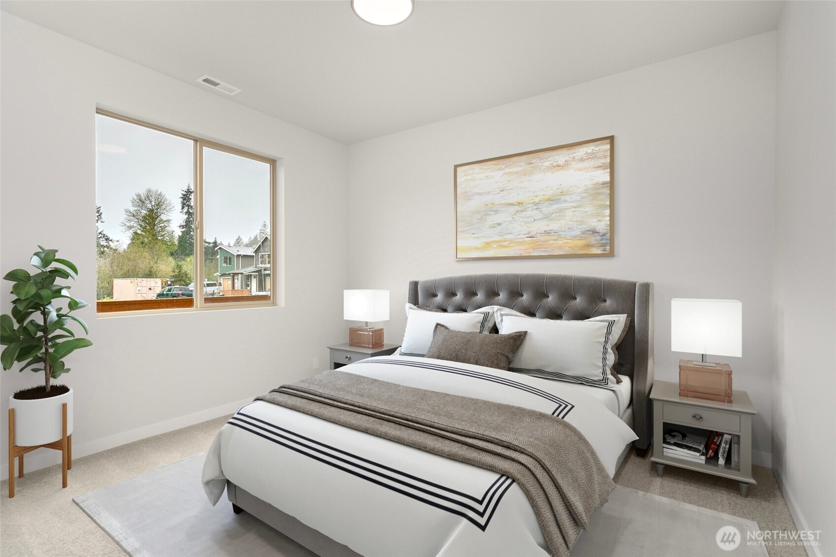 13302 Southeast 238th Place, Unit 7 Kent, WA 98042 - Photo 16 of 37 a bedroom with bed and a painting on the wall