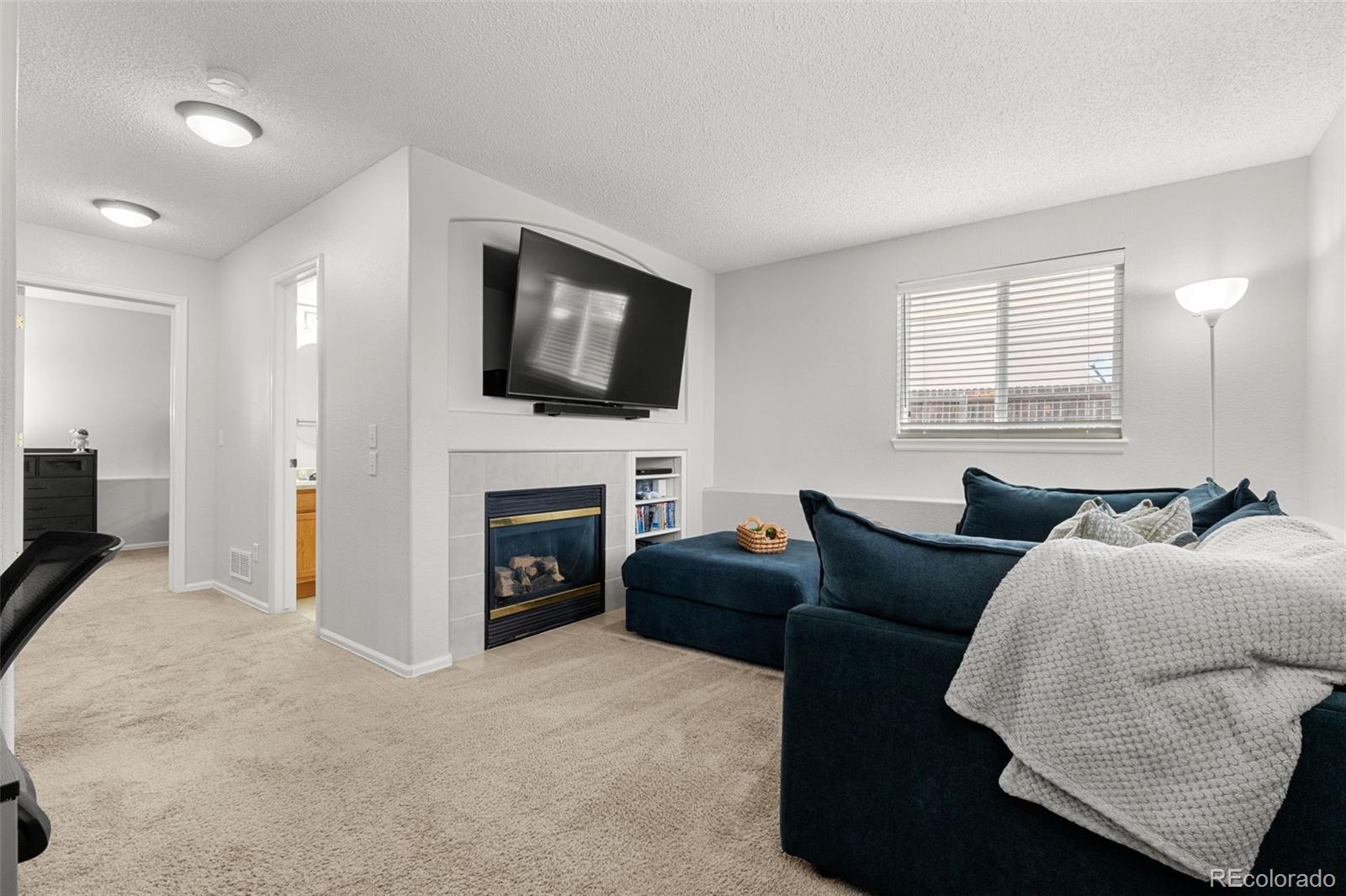 3828 South Rome Way Aurora, CO 80018 - Photo 11 of 19 a living room with furniture a fireplace and a flat screen tv